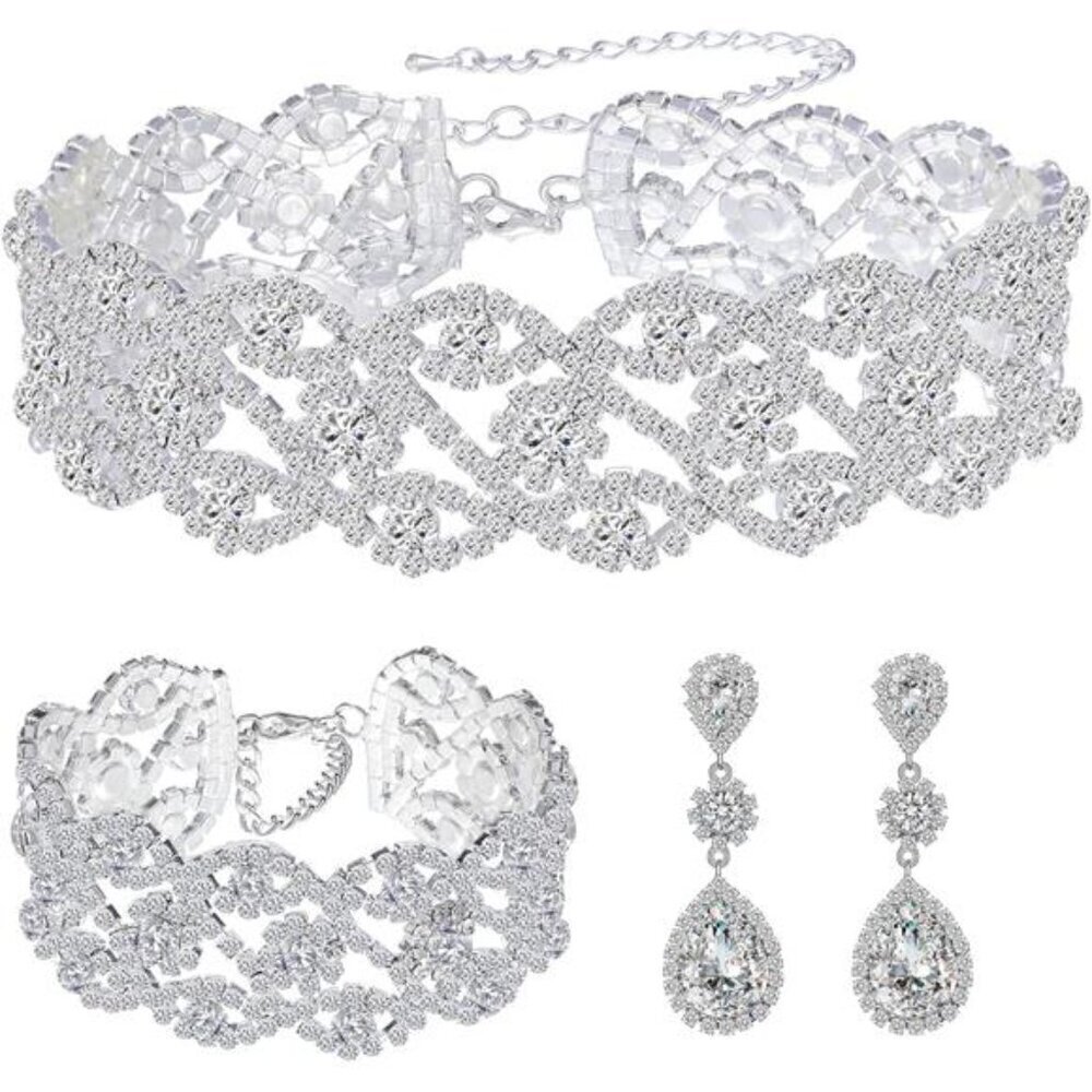 Luxury Crystal Bridal Jewelry Set – Silver Choker, Bracelet & Drop Earrings Set